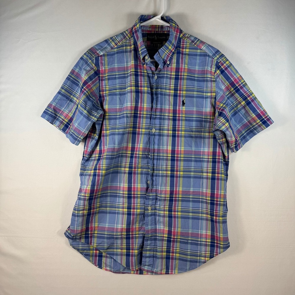 Ralph Lauren Mens M Classic Fit Plaid Short Sleeve Button Down Shirt Blue Pink